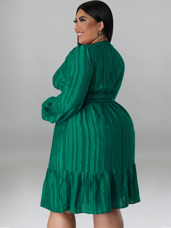 Plus size jacquard V-neck striped long-sleeved dress - D'TWINS FASHION
