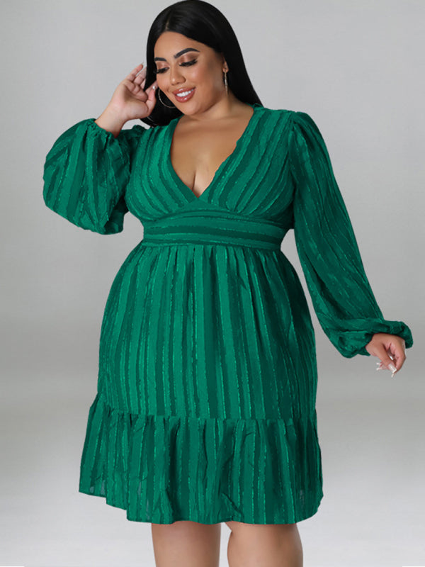 Plus size jacquard V-neck striped long-sleeved dress - D'TWINS FASHION