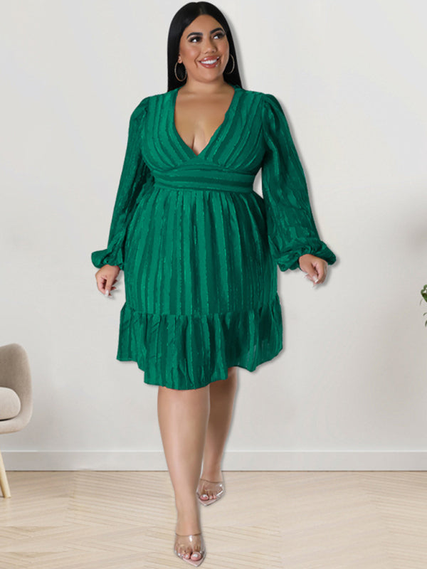 Plus size jacquard V-neck striped long-sleeved dress - D'TWINS FASHION