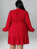 Plus size jacquard V-neck striped long-sleeved dress - D'TWINS FASHION