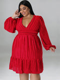 Plus size jacquard V-neck striped long-sleeved dress - D'TWINS FASHION