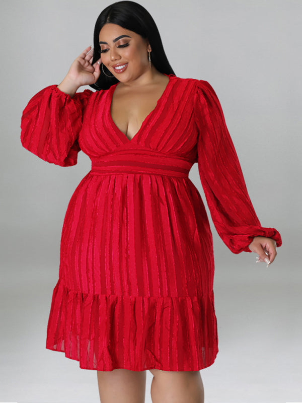 Plus size jacquard V-neck striped long-sleeved dress - D'TWINS FASHION
