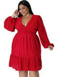 Plus size jacquard V-neck striped long-sleeved dress - D'TWINS FASHION
