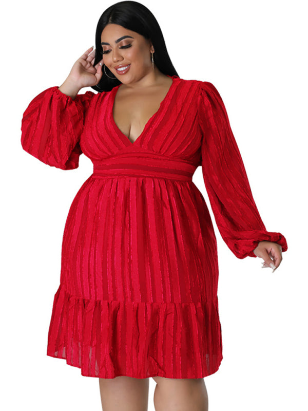 Plus size jacquard V-neck striped long-sleeved dress - D'TWINS FASHION