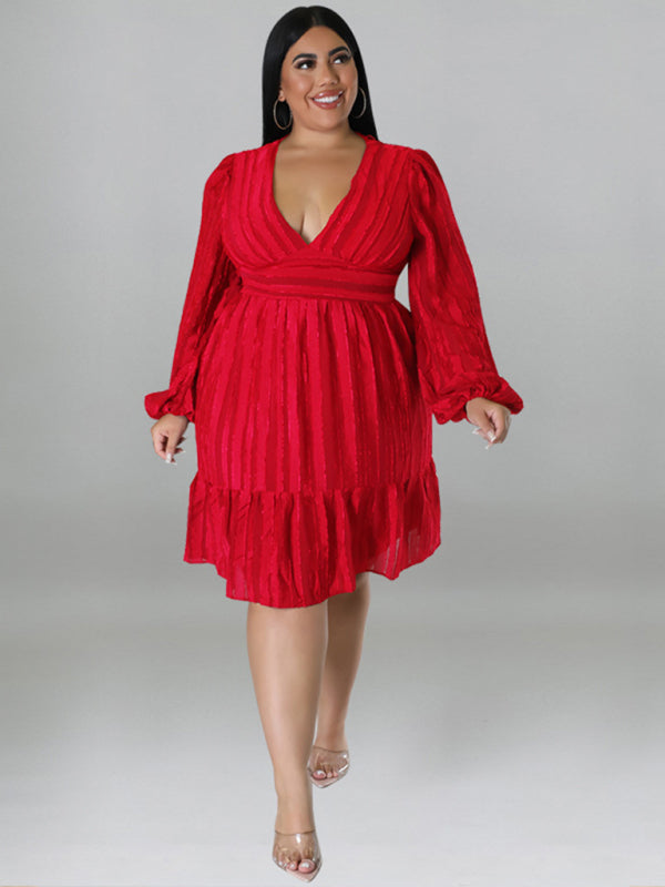 Plus size jacquard V-neck striped long-sleeved dress - D'TWINS FASHION