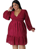Plus size jacquard V-neck striped long-sleeved dress - D'TWINS FASHION