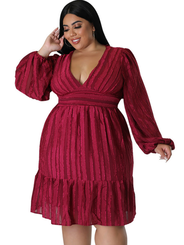 Plus size jacquard V-neck striped long-sleeved dress - D'TWINS FASHION