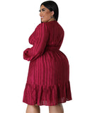 Plus size jacquard V-neck striped long-sleeved dress - D'TWINS FASHION