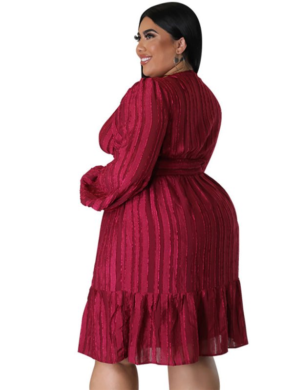 Plus size jacquard V-neck striped long-sleeved dress - D'TWINS FASHION