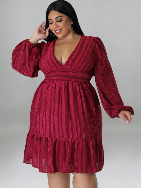 Plus size jacquard V-neck striped long-sleeved dress - D'TWINS FASHION