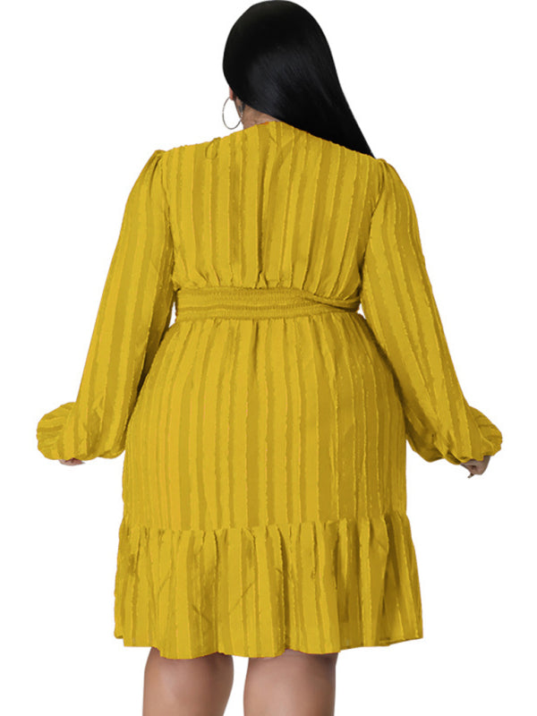 Plus size jacquard V-neck striped long-sleeved dress - D'TWINS FASHION