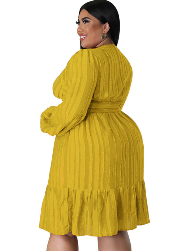 Plus size jacquard V-neck striped long-sleeved dress - D'TWINS FASHION