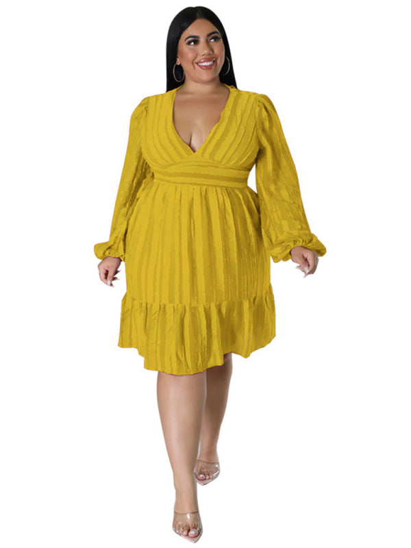 Plus size jacquard V-neck striped long-sleeved dress - D'TWINS FASHION