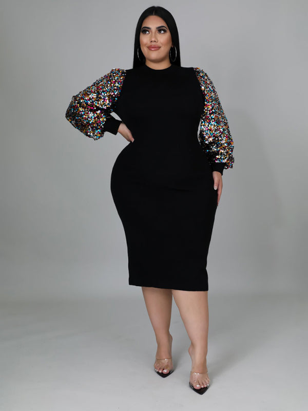 New Plus Size Ladies Sexy Solid Color Sequin Puff Sleeve Dress - D'TWINS FASHION