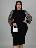New Plus Size Ladies Sexy Solid Color Sequin Puff Sleeve Dress - D'TWINS FASHION