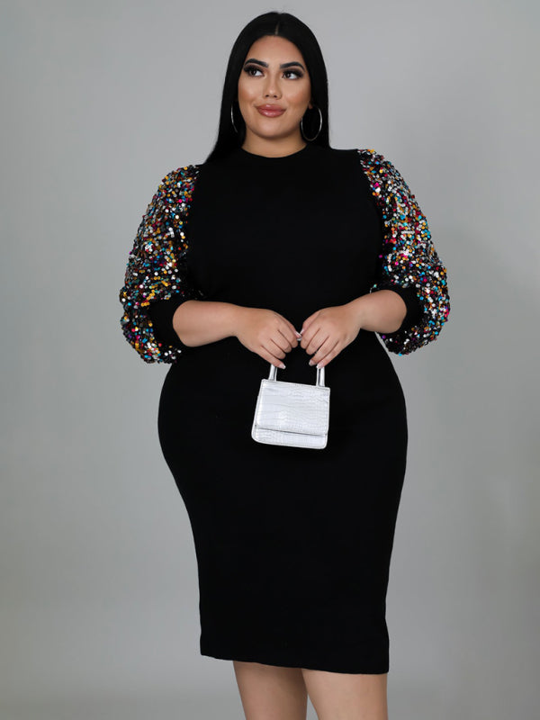 New Plus Size Ladies Sexy Solid Color Sequin Puff Sleeve Dress - D'TWINS FASHION