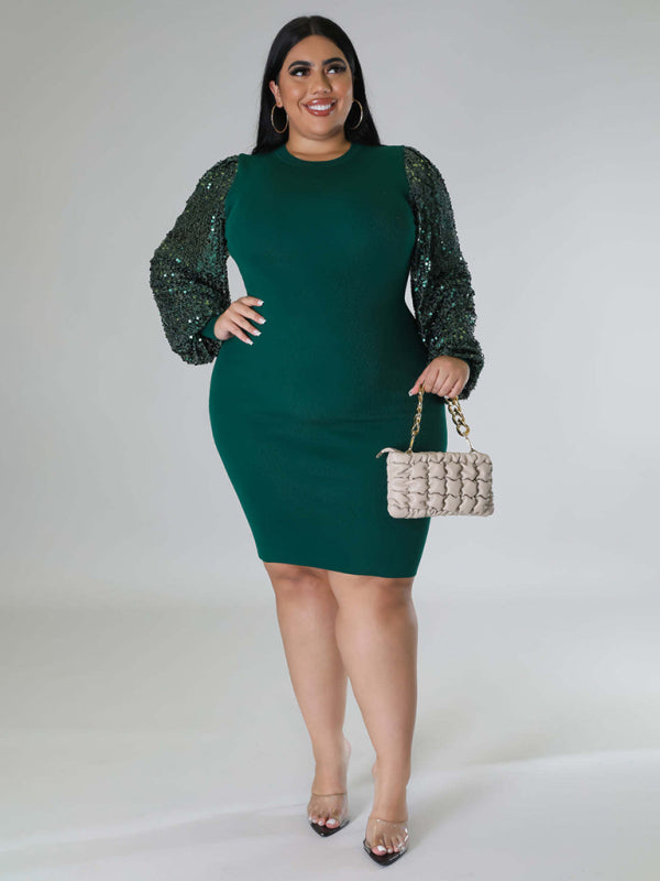New Plus Size Ladies Sexy Solid Color Sequin Puff Sleeve Dress - D'TWINS FASHION