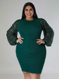 New Plus Size Ladies Sexy Solid Color Sequin Puff Sleeve Dress - D'TWINS FASHION