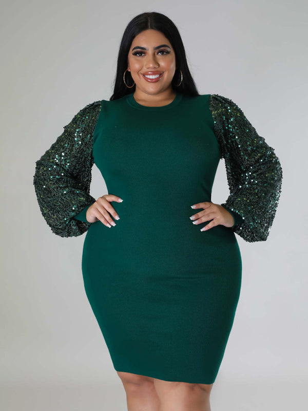 New Plus Size Ladies Sexy Solid Color Sequin Puff Sleeve Dress - D'TWINS FASHION