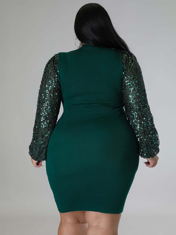 New Plus Size Ladies Sexy Solid Color Sequin Puff Sleeve Dress - D'TWINS FASHION