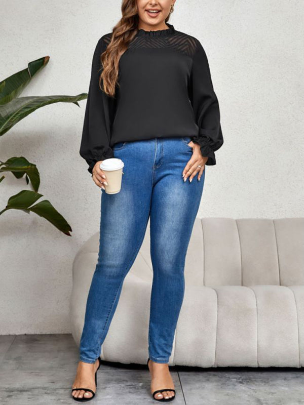 New plus size women's round neck long sleeve loose slimming top shirt - D'TWINS FASHION