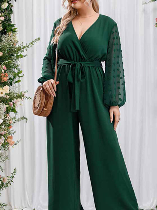 New Plus Size Women's Sexy Bowknot Lady Lace Straight Loose High Waist Solid Color Jumpsuit - D'TWINS FASHION