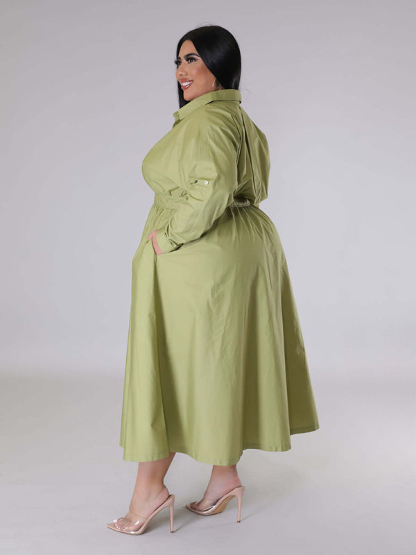 Plus Size Women's Solid Color Long Sleeve Shirt Dresses - D'TWINS FASHION