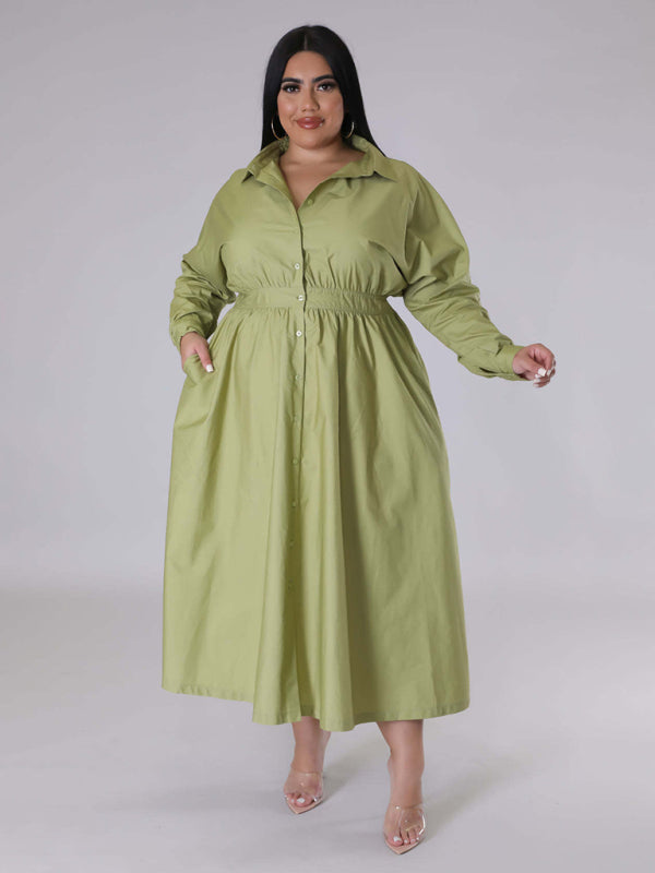 Plus Size Women's Solid Color Long Sleeve Shirt Dresses - D'TWINS FASHION