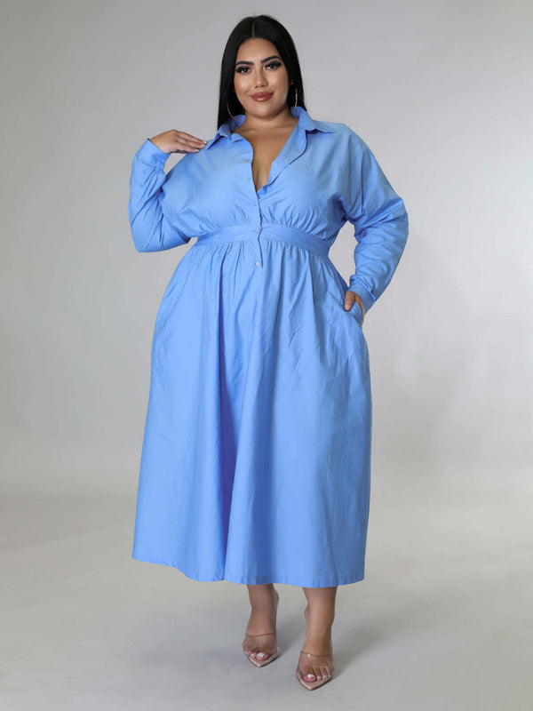 Plus Size Women's Solid Color Long Sleeve Shirt Dresses - D'TWINS FASHION
