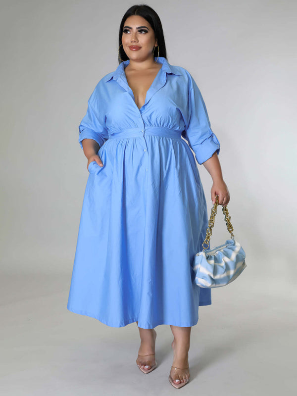 Plus Size Women's Solid Color Long Sleeve Shirt Dresses - D'TWINS FASHION