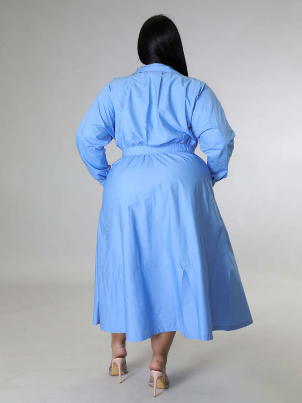 Plus Size Women's Solid Color Long Sleeve Shirt Dresses - D'TWINS FASHION