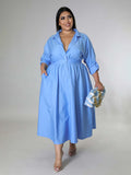 Plus Size Women's Solid Color Long Sleeve Shirt Dresses - D'TWINS FASHION