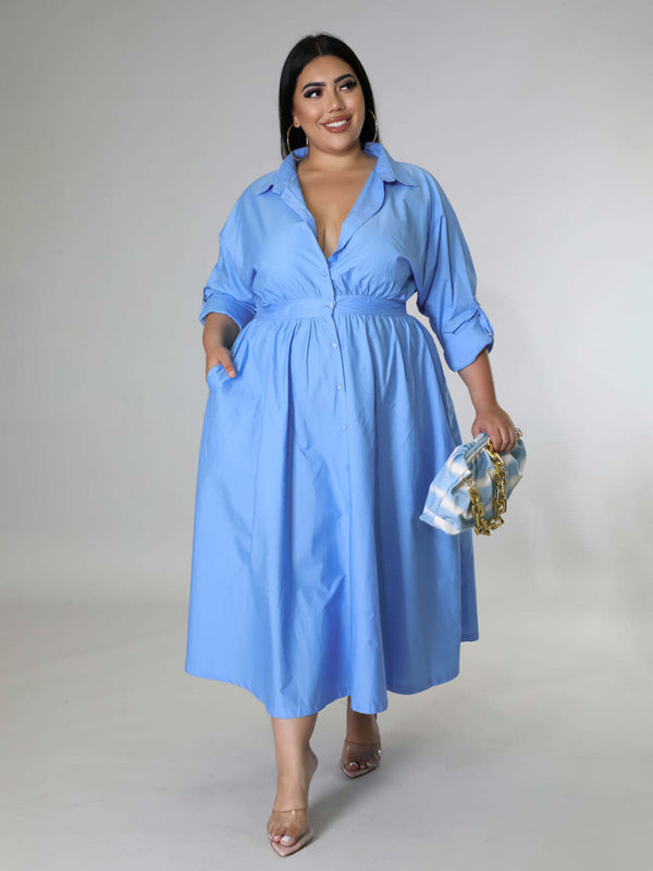 Plus Size Women's Solid Color Long Sleeve Shirt Dresses - D'TWINS FASHION