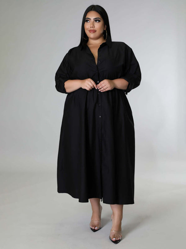 Plus Size Women's Solid Color Long Sleeve Shirt Dresses - D'TWINS FASHION