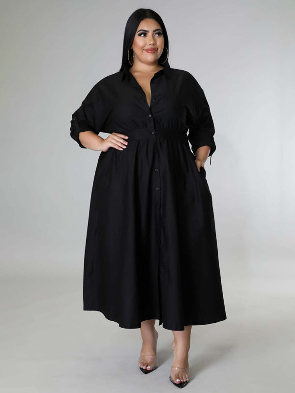 Plus Size Women's Solid Color Long Sleeve Shirt Dresses - D'TWINS FASHION