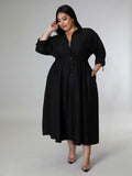 Plus Size Women's Solid Color Long Sleeve Shirt Dresses - D'TWINS FASHION
