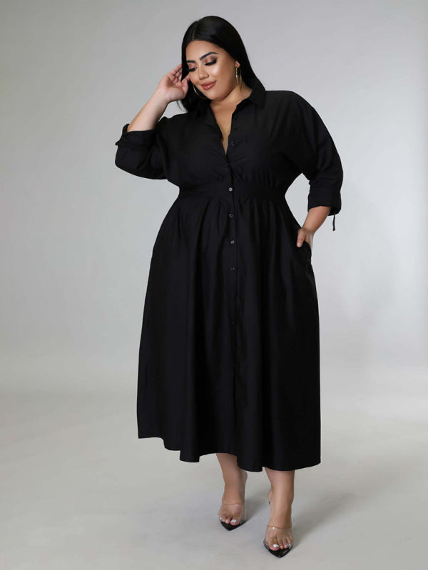 Plus Size Women's Solid Color Long Sleeve Shirt Dresses - D'TWINS FASHION