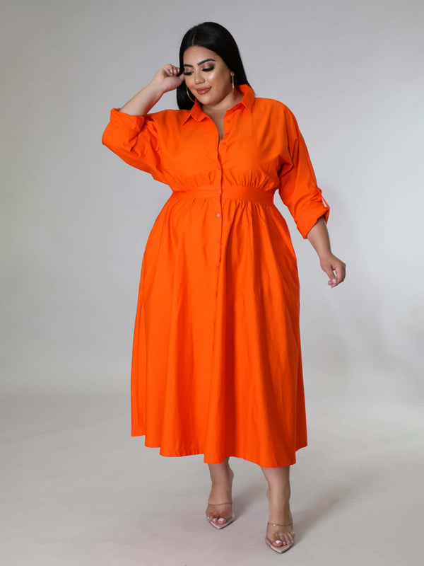 Plus Size Women's Solid Color Long Sleeve Shirt Dresses - D'TWINS FASHION