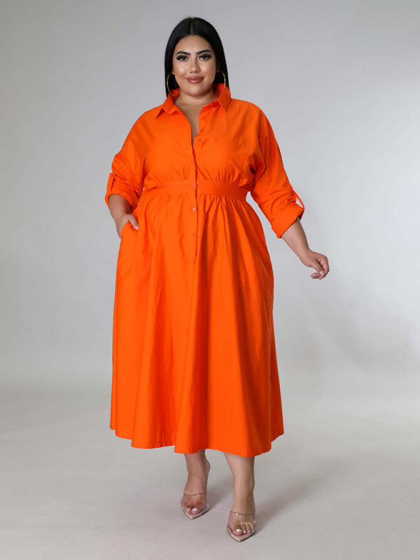 Plus Size Women's Solid Color Long Sleeve Shirt Dresses - D'TWINS FASHION