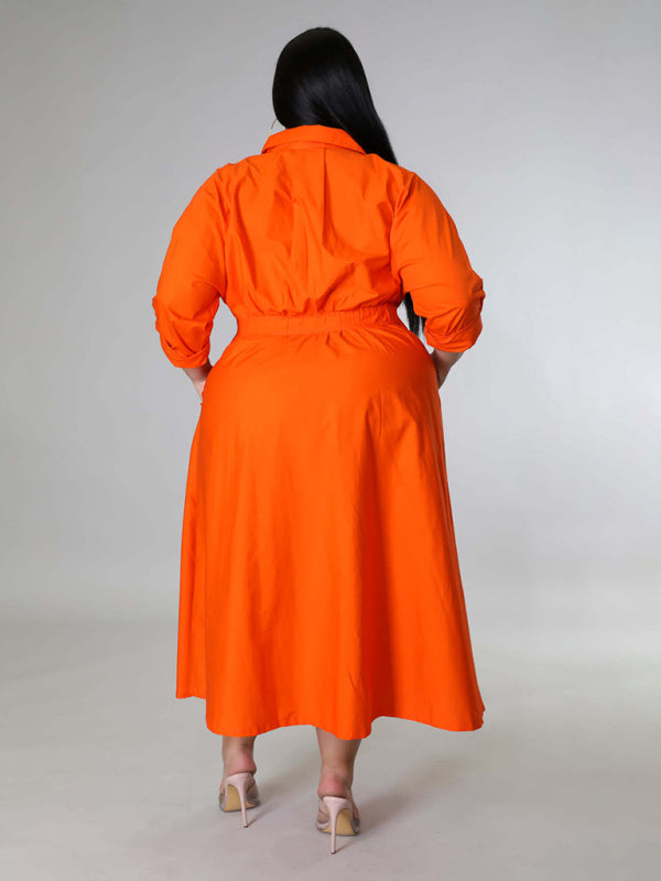 Plus Size Women's Solid Color Long Sleeve Shirt Dresses - D'TWINS FASHION