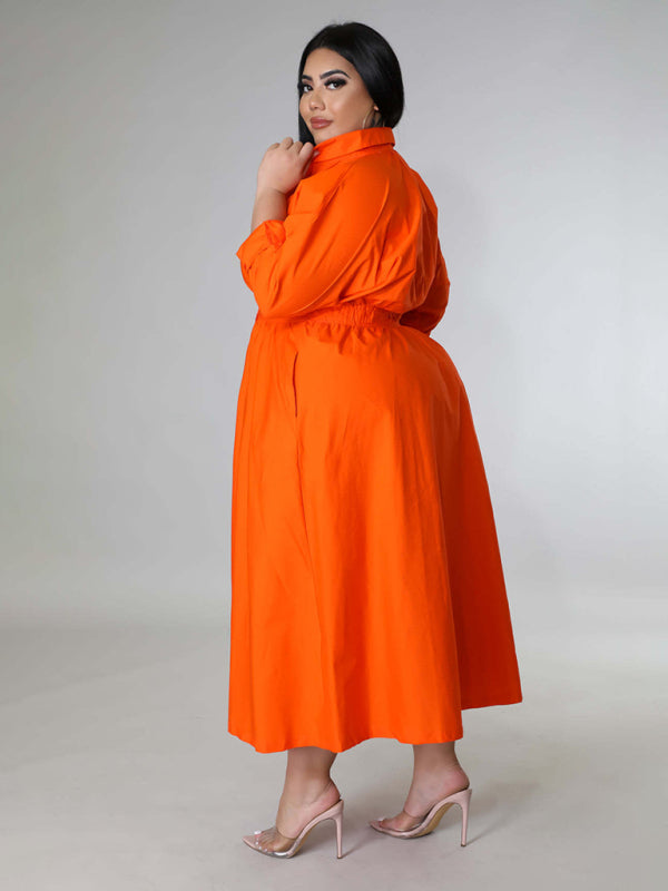 Plus Size Women's Solid Color Long Sleeve Shirt Dresses - D'TWINS FASHION