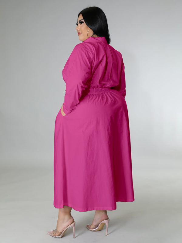Plus Size Women's Solid Color Long Sleeve Shirt Dresses - D'TWINS FASHION