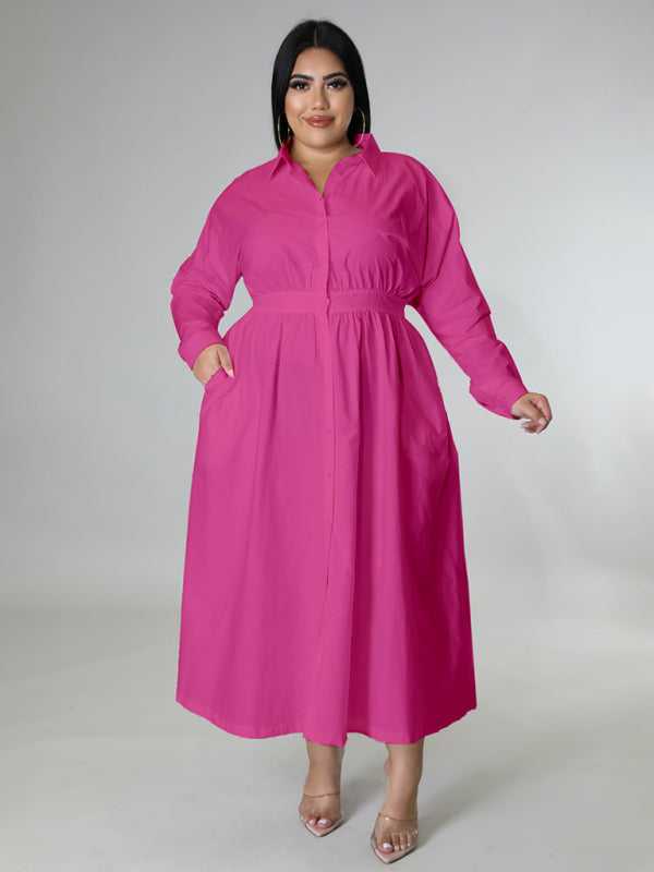 Plus Size Women's Solid Color Long Sleeve Shirt Dresses - D'TWINS FASHION