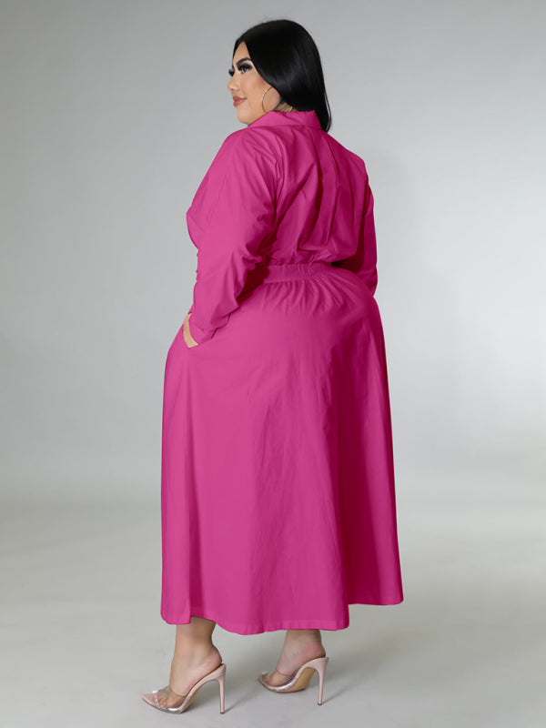 Plus Size Women's Solid Color Long Sleeve Shirt Dresses - D'TWINS FASHION