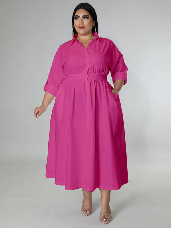 Plus Size Women's Solid Color Long Sleeve Shirt Dresses - D'TWINS FASHION