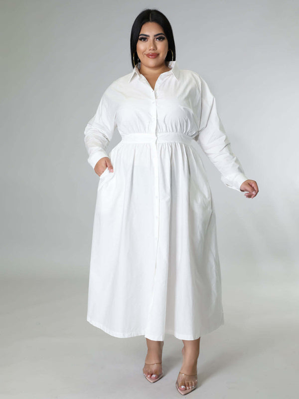 Plus Size Women's Solid Color Long Sleeve Shirt Dresses - D'TWINS FASHION
