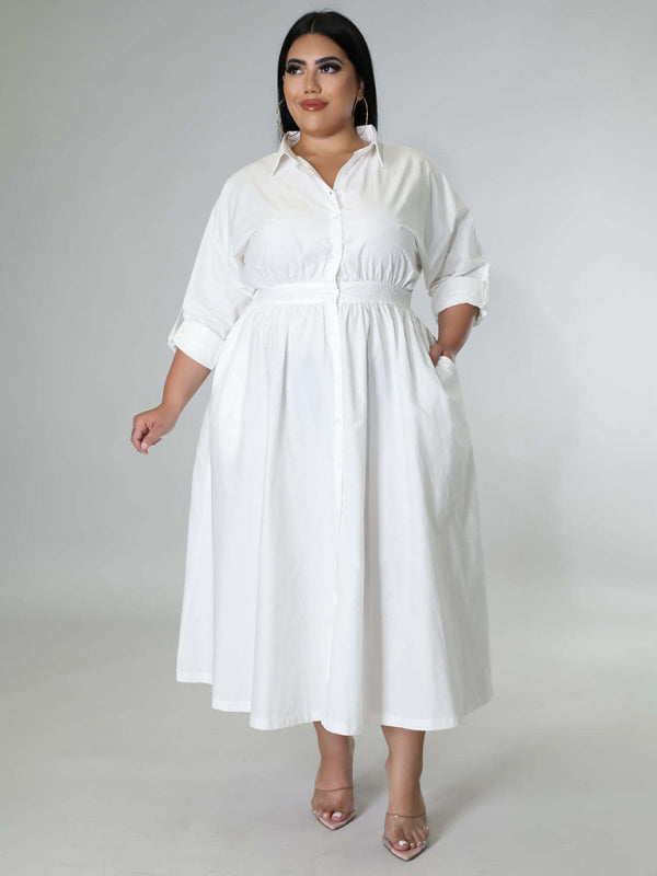 Plus Size Women's Solid Color Long Sleeve Shirt Dresses - D'TWINS FASHION
