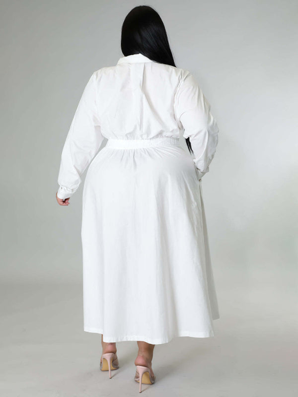 Plus Size Women's Solid Color Long Sleeve Shirt Dresses - D'TWINS FASHION