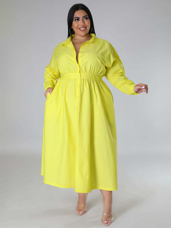 Plus Size Women's Solid Color Long Sleeve Shirt Dresses - D'TWINS FASHION