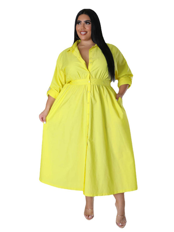 Plus Size Women's Solid Color Long Sleeve Shirt Dresses - D'TWINS FASHION